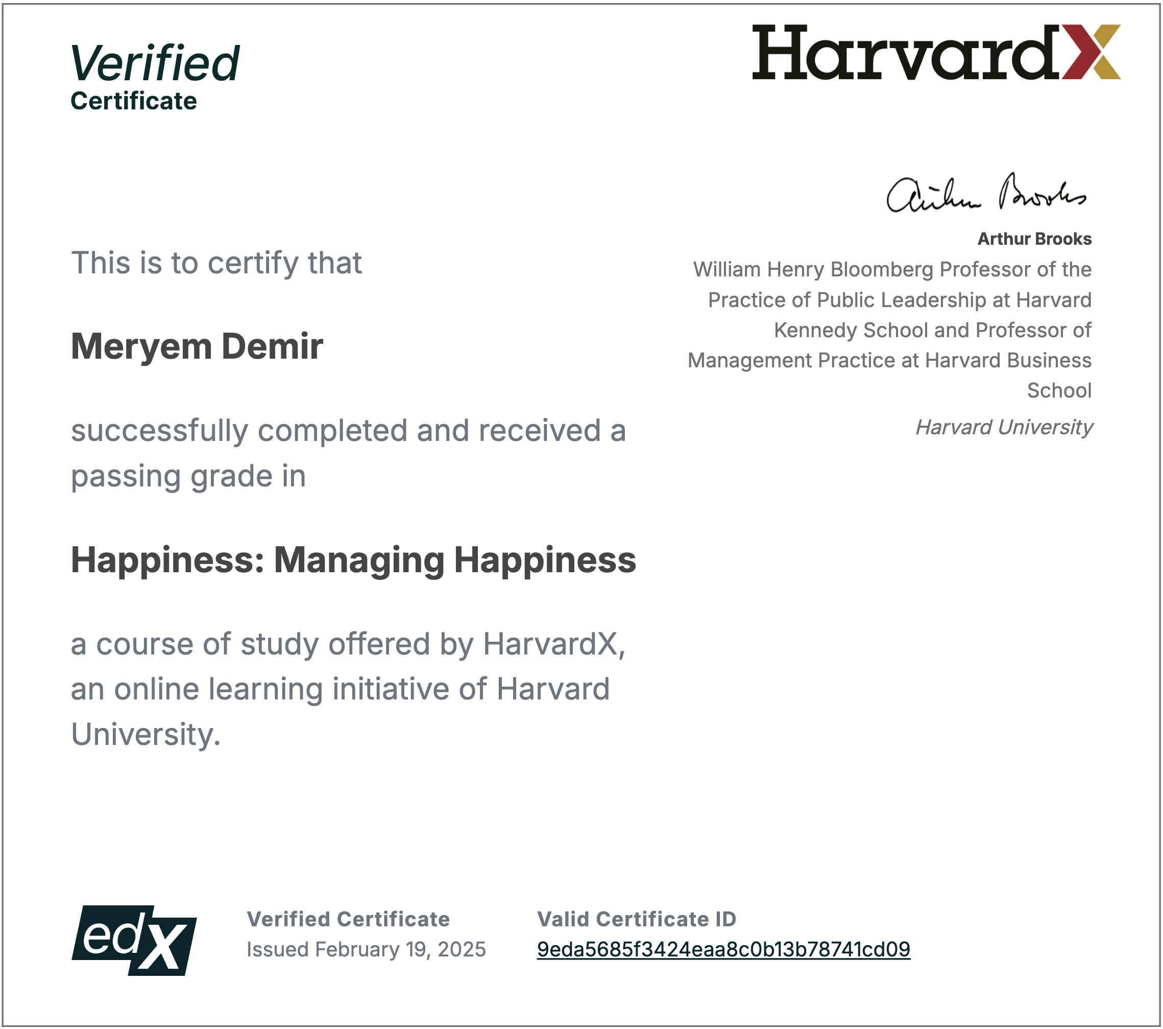 HarvardX Managing Happiness sertifikası