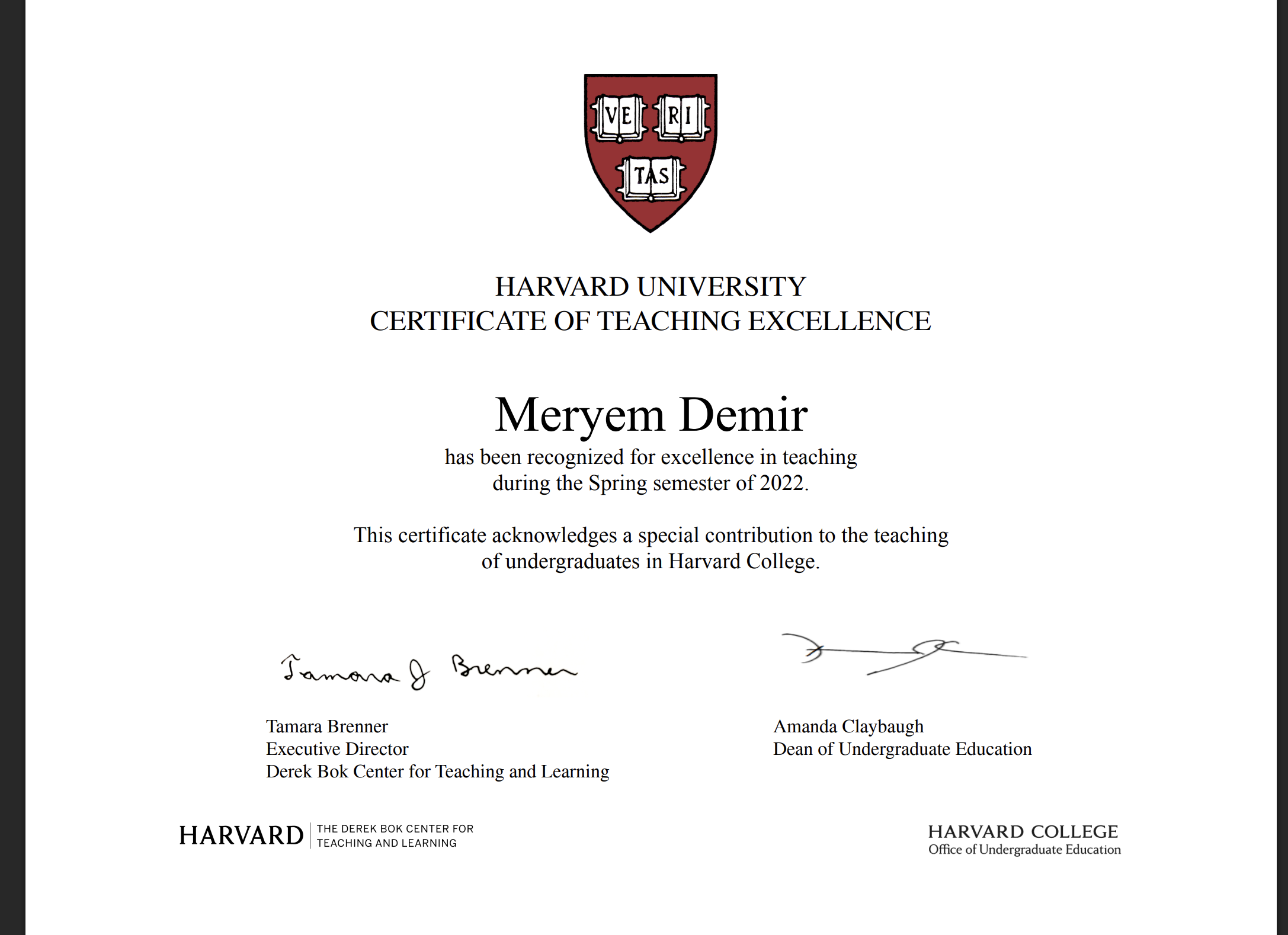 Meryem, Harvard University Certificate of Teaching Excellence