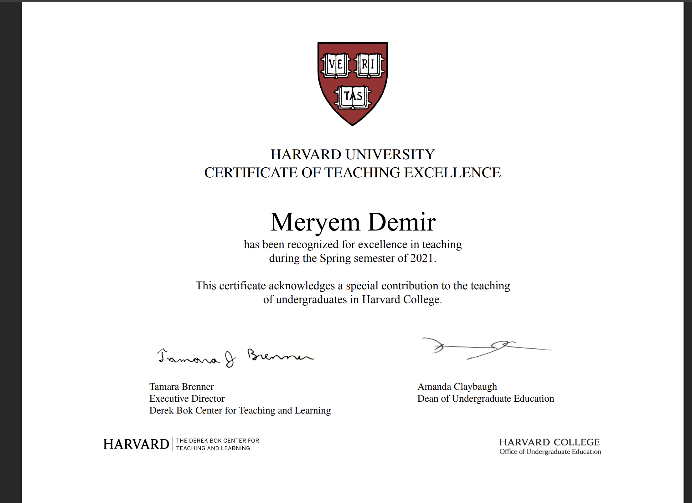 Meryem, Harvard University Certificate of Teaching Excellence