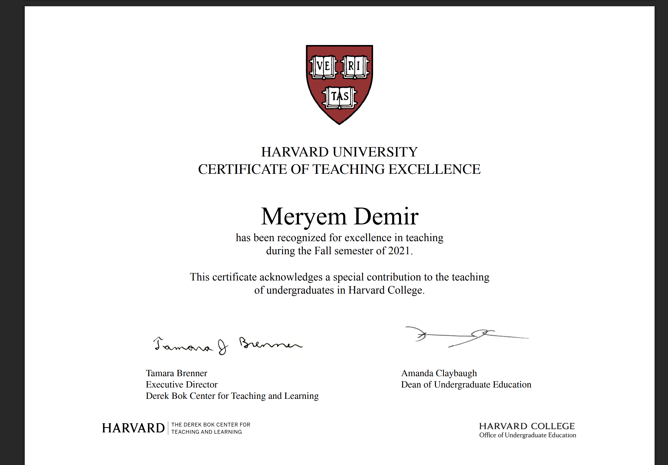 Meryem, Harvard University Certificate of Teaching Excellence